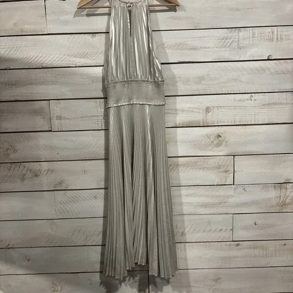 A.L.C Weston Pleated Midi Cocktail Dress Sz 6 Silver Metallic Sleeveless - Picture 6 of 11